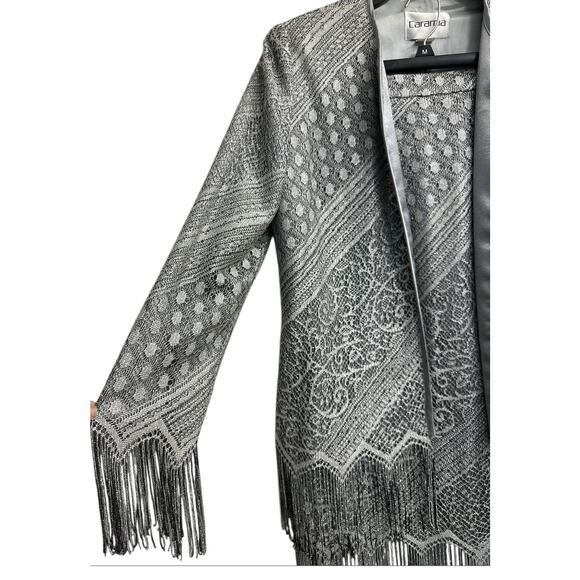 Caramia Vintage Metallic Gray Western 2 piece Suit Jacket Skirt Tassel Womens 12 - Picture 2 of 13